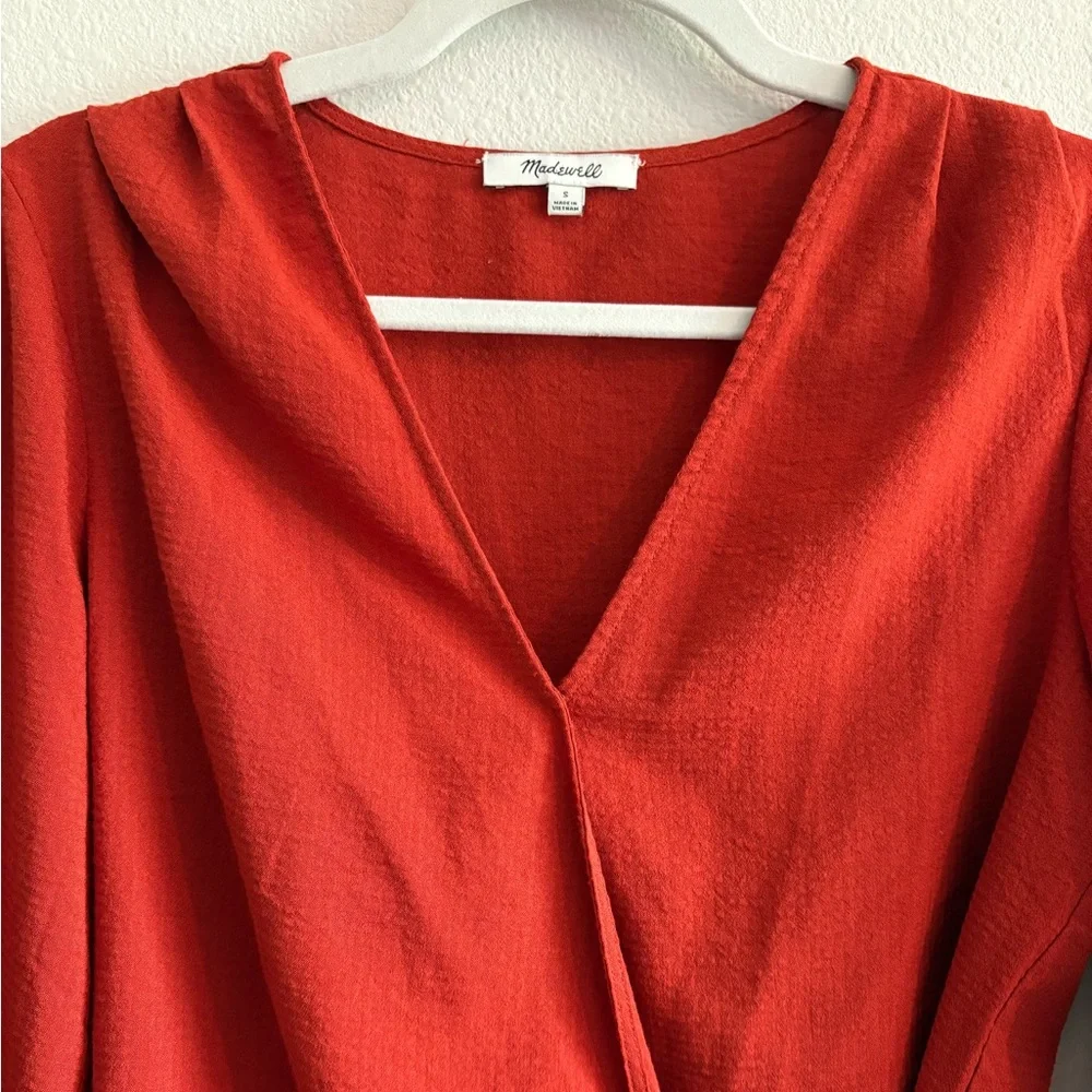 Madewell Smocked Puff-Sleeves Wrap Top V-Neck Blouse Women’s Small Orange MC074